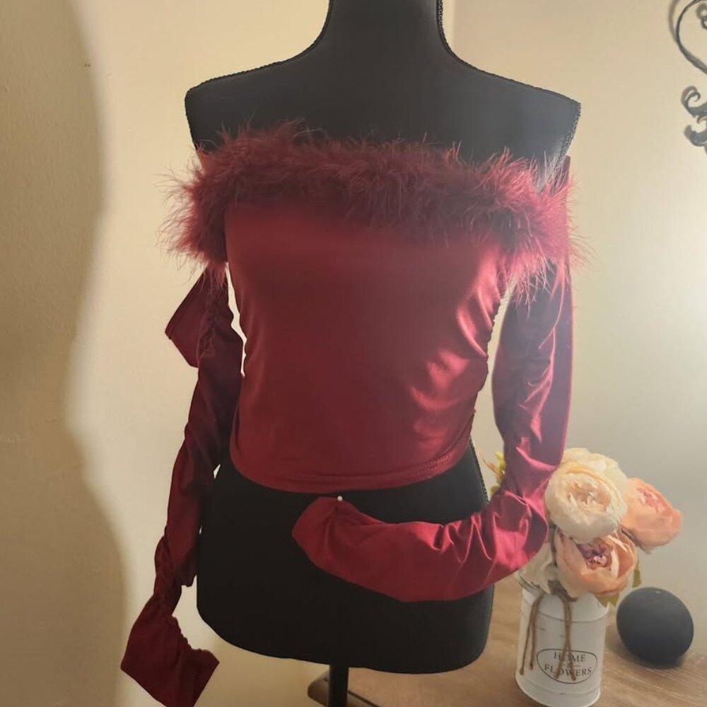 Elegant Red Off-Shoulder Top with Feather Trim